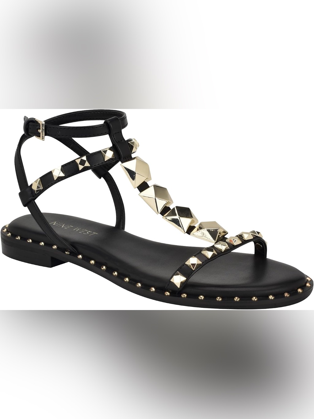 Nine West Black Marcila Sandals With Gold Pyramid Studs